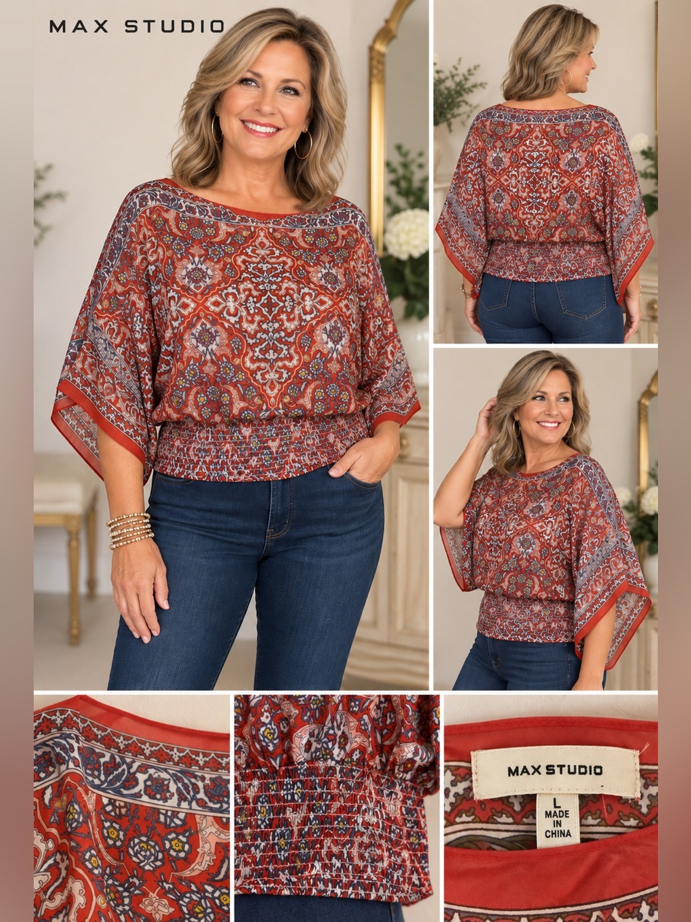EUC. Max Studio Red Paisley Smocked Waist Dolman Sleeve Blouse Size Large